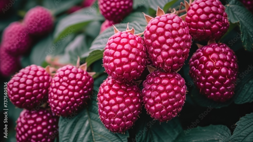 a close up of a bunch of raspberries on a bush with green leaves on the other side of the bush. a close up of a bunch of raspberries on a bush with green leaves on the other side of the bush.