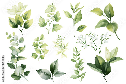 luxury green leaves and flowers elements in watercolor and ink style