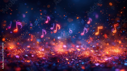 a group of musical notes floating on top of a purple and red floor covered in confetti and glitter.