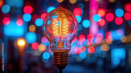 a light bulb sitting on top of a pole in the middle of a street filled with colorful lights in the background.