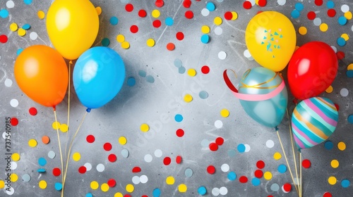 a bunch of balloons on a table with confetti and streamers on the table and on the wall.
