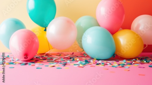 a group of balloons and confetti on a pink and yellow background with confetti on the floor.