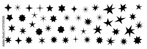 Minimalist silhouette stars icon, twinkle star shape symbols. Modern geometric elements, shining star icons, abstract sparkle black silhouettes symbol vector set. Vector illustration