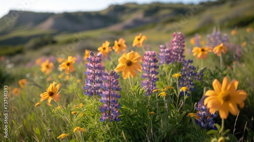 a field of wildflowers and other wildflowers with a mountain in the backgroup in the background.