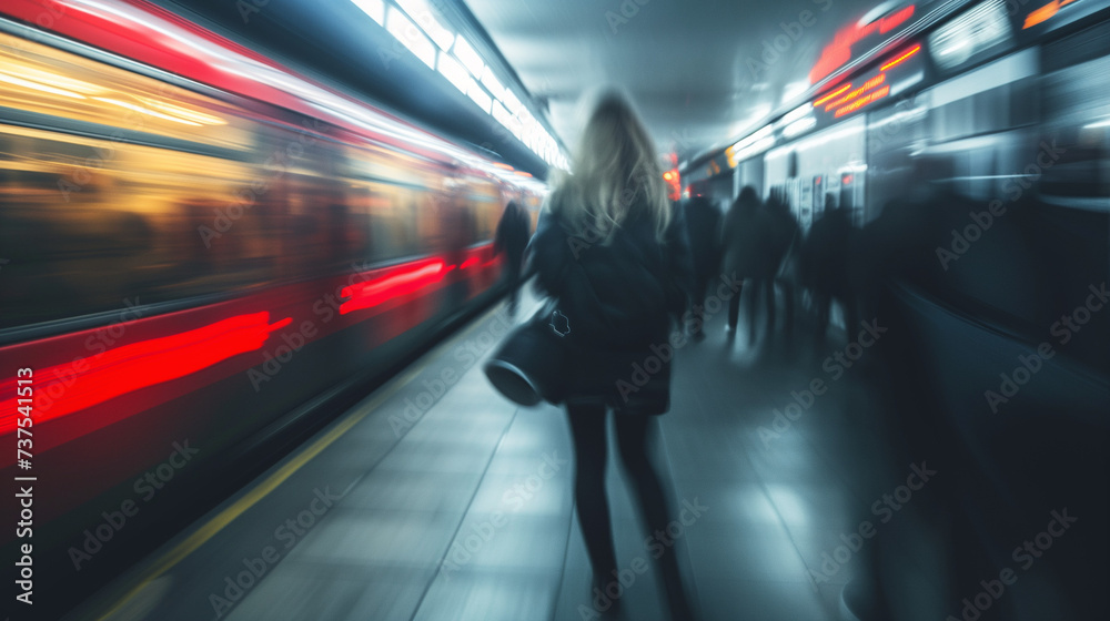 Obraz premium Blonde Frau steht am Bahnhof am Bahnsteig und wartet auf ihren Zug es ist viel los