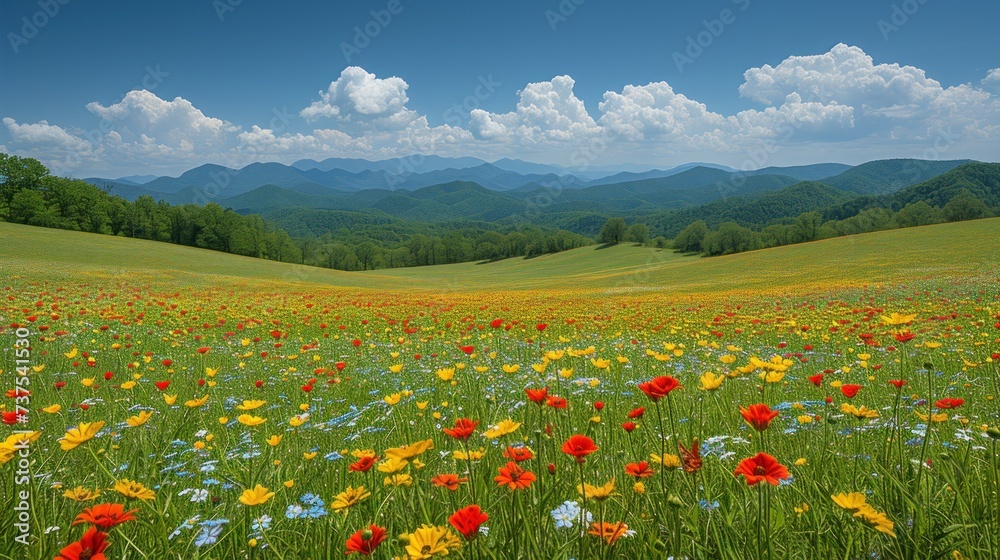 a field of wildflowers in front of a mountain range with a blue sky and clouds in the background.