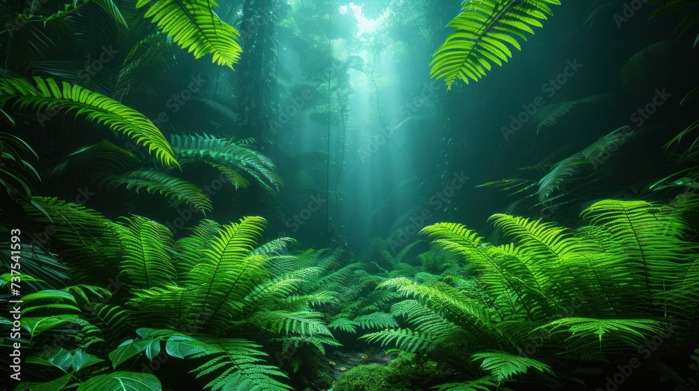 a forest filled with lots of green plants and a light shining in the middle of the forest filled with lots of green plants.