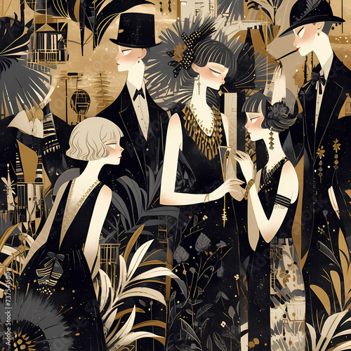 Elegant Art Deco Party with Fashionable Characters and Golden Details photo