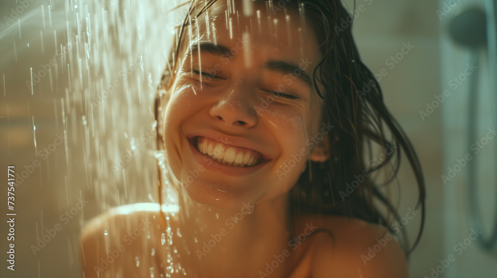 Junge Frau unter der Dusche und ist glücklich - obrazy, fototapety, plakaty 