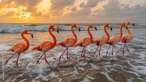 a group of flamingos standing on top of a sandy beach next to the ocean in front of a sunset.