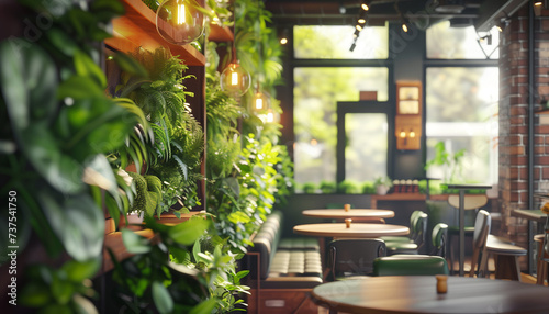 Beautiful vertical garden restaurant interior view with huge wall windows, green plants wall and eco-friendly furniture. Modern people's first steps in startup business concept image.