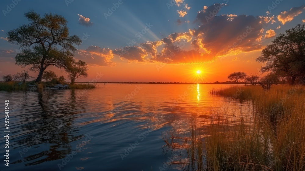the sun is setting over a body of water with trees in the foreground and grass in the foreground.