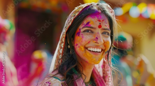 woman celebrating Holi hai at a festival in india
