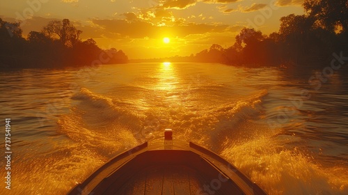 the sun is setting over a body of water with a boat in the foreground and trees in the background.