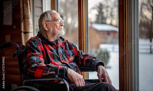 Older retired man sitting in Wheelchair and sadly looking out the window. Health care and medical old people support concept image.