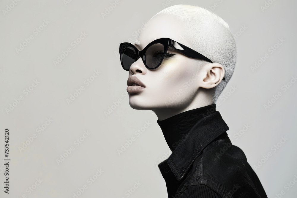 Stylish woman with albinism posing in chic black sunglasses and a turtleneck, embodying elegance and confidence. Stylish woman with albinism posing in chic black sunglasses and a turtleneck, embodying elegance and confidence.