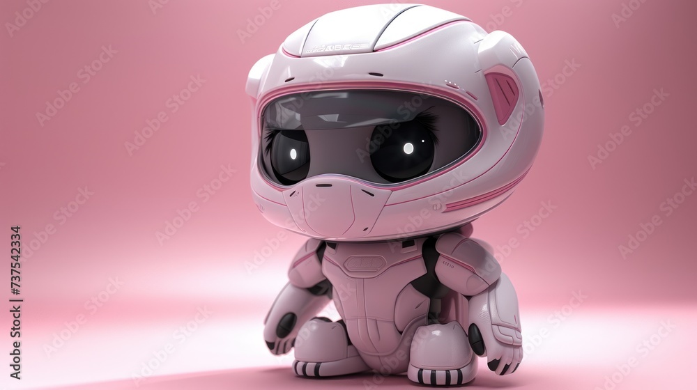 a small robot with a helmet on sitting on a pink surface in front of a light pink background with a shadow on the floor. a small robot with a helmet on sitting on a pink surface in front of a light pink background with a shadow on the floor.