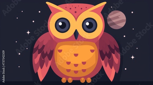 an owl sitting on top of a table in front of a dark background with a planet in the middle of it.