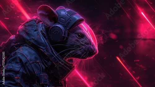 a rat in a space suit with headphones and a helmet on, in front of a red and black background.