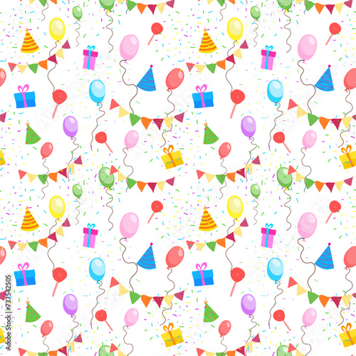 Holiday design pattern, background for birthday invitation with balloons confetti sweets, original holiday decoration. Vector bright illustration. © Svetlana Li
