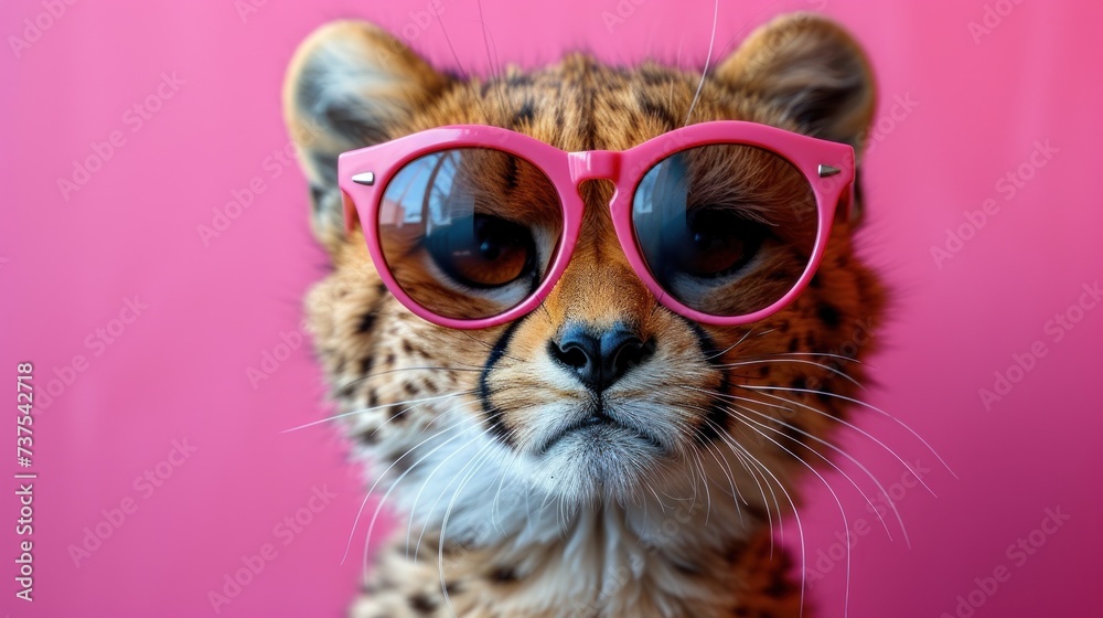 a close up of a cheetah wearing a pair of pink sunglasses on top of it's head.
