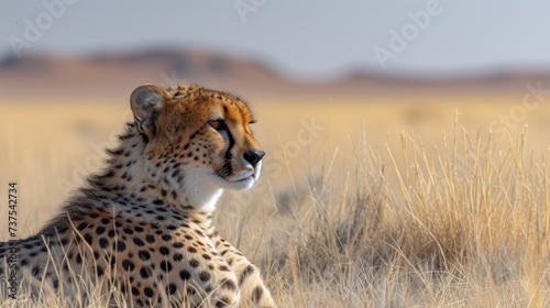 a cheetah sitting in the middle of a field of tall dry grass with a mountain in the background.