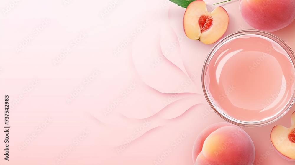 A jar with transparent peach slime on a peach background. Jelly-like slime texture with peach aroma