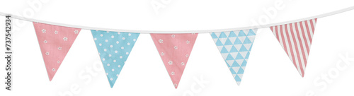 Cute pastel bunting garland. Party flags with polka dot patterns, flowers, stripes. Birthday celebration, wedding or baby shower anniversary. Isolated overlay object on white background. Card, banner