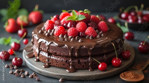 a chocolate cake with chocolate frosting and cherries on a plate with chocolate chips and cherries around it.