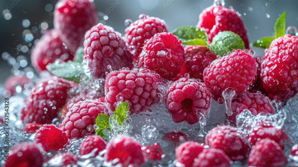 a bunch of raspberries sitting on top of a pile of ice with water splashing on top of them. a bunch of raspberries sitting on top of a pile of ice with water splashing on top of them.