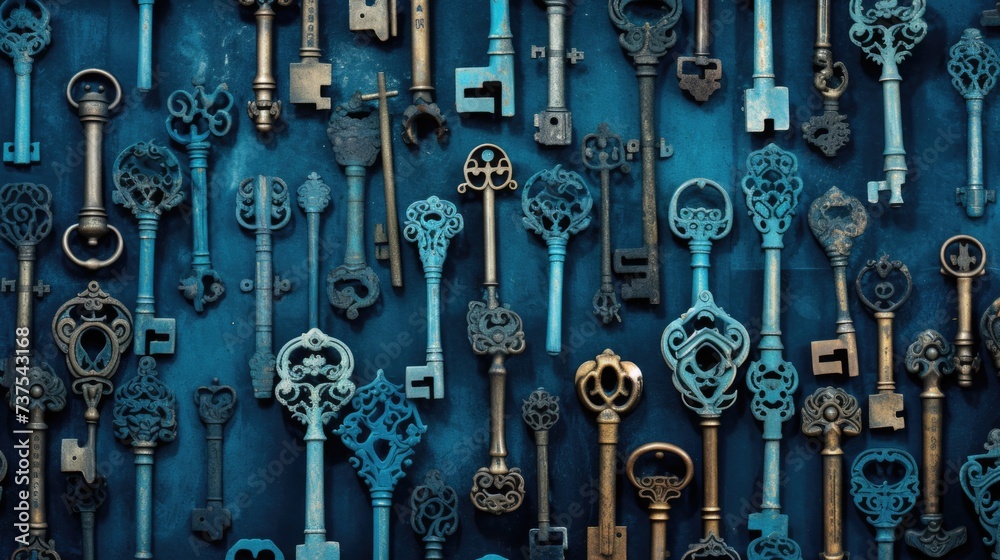 Obraz premium Background with antique old keys in Blue color
