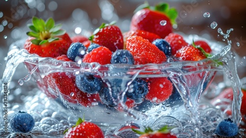 a close up of a bowl of strawberries and blueberries with water splashing on the bottom of the bowl.
