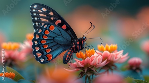 a close up of a butterfly on a plant with flowers in the foreground and a blue sky in the background.