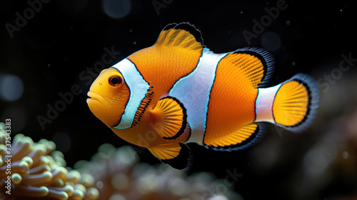 a close up of an orange and white clown fish on a black background with an orange dot in the middle of the image.