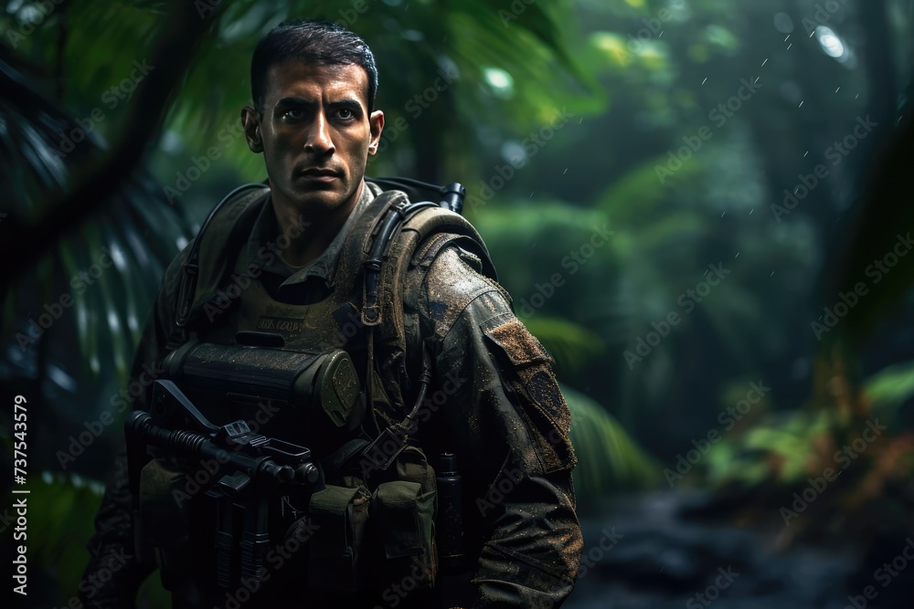 Portrait of a serious soldier standing in the middle of a forest, A geared-up soldier portrait in the forest, Portrait of a European army soldier in the ranks with selective focus Portrait of a serious soldier standing in the middle of a forest, A geared-up soldier portrait in the forest, Portrait of a European army soldier in the ranks with selective focus