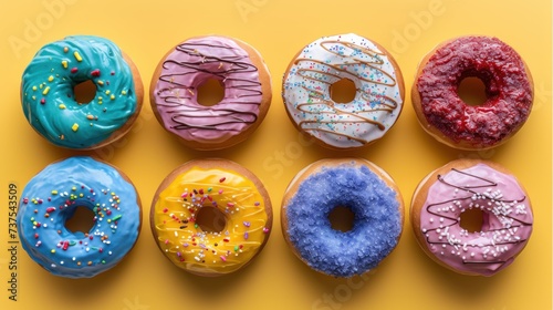a group of six doughnuts sitting on top of each other on a yellow surface with sprinkles.
