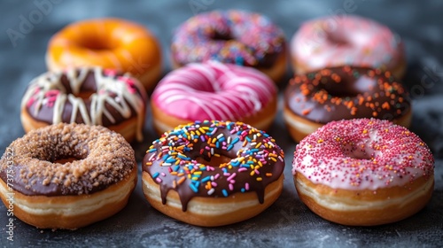 a group of doughnuts sitting on top of a black counter top covered in frosting and sprinkles.