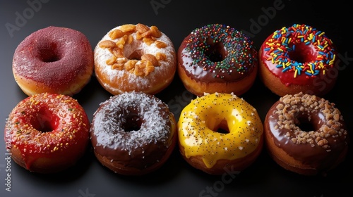 a group of doughnuts with different toppings on a black surface with sprinkles on them.