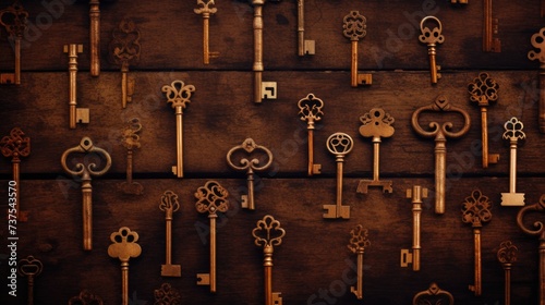 Background with antique old keys in Coffee Brown color