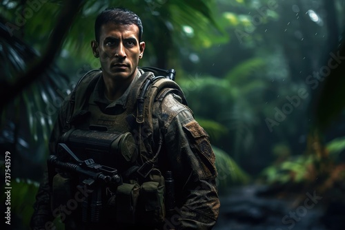Portrait of a serious soldier standing in the middle of a forest, A geared-up soldier portrait in the forest, Portrait of a European army soldier in the ranks with selective focus