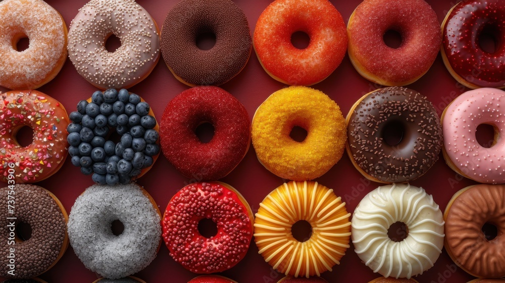 a bunch of doughnuts with different toppings on a red surface with sprinkles on them. a bunch of doughnuts with different toppings on a red surface with sprinkles on them.