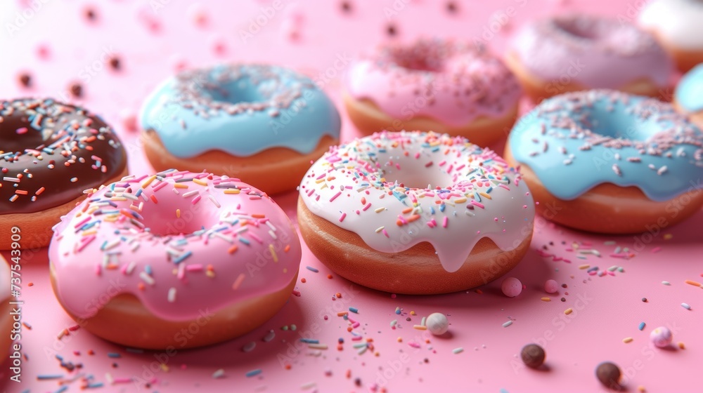 a group of doughnuts with sprinkles on top of a pink surface with confetti sprinkles. a group of doughnuts with sprinkles on top of a pink surface with confetti sprinkles.