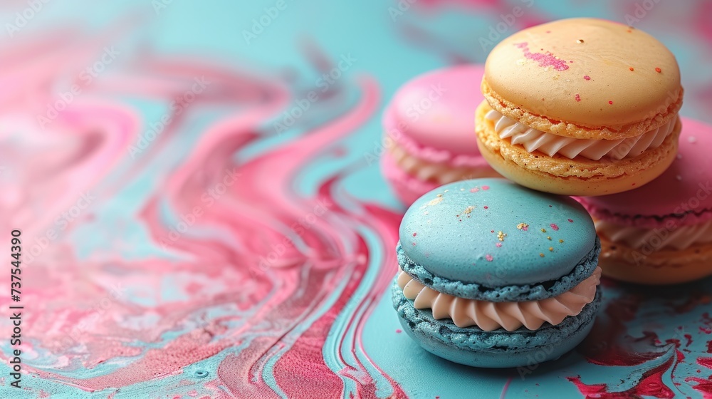 a group of three macaroons sitting on top of each other on a blue and pink marbled surface.
