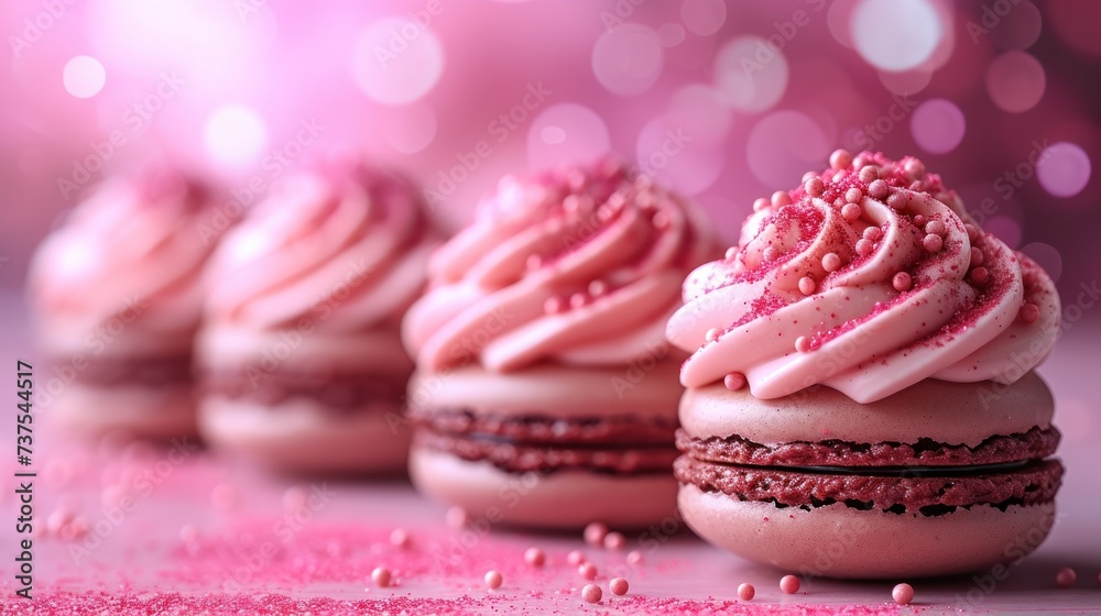 a group of pink macaroons sitting on top of a pink table covered in pink sprinkles. a group of pink macaroons sitting on top of a pink table covered in pink sprinkles.