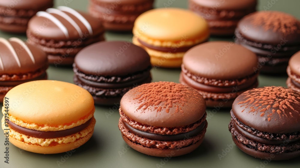 a table topped with chocolate covered macaroons and macaroons with frosting on top of each macaroons. a table topped with chocolate covered macaroons and macaroons with frosting on top of each macaroons.