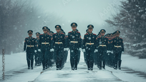 Soldados del ejercito chino en formación con los uniformes cubiertos de nieve photo