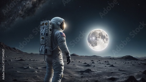 Astronaut explores a moonlit landscape surrounded by stars, with a spaceship hovering in the night sky above, creating a fantastical scene of space and exploration