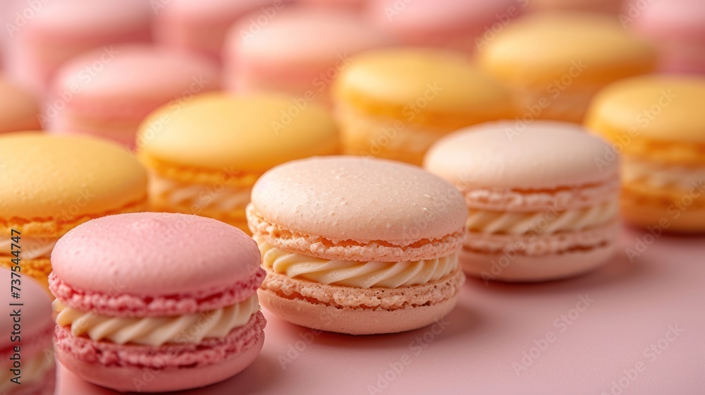 a row of pink and yellow macaroons sitting next to each other on top of a pink counter top.