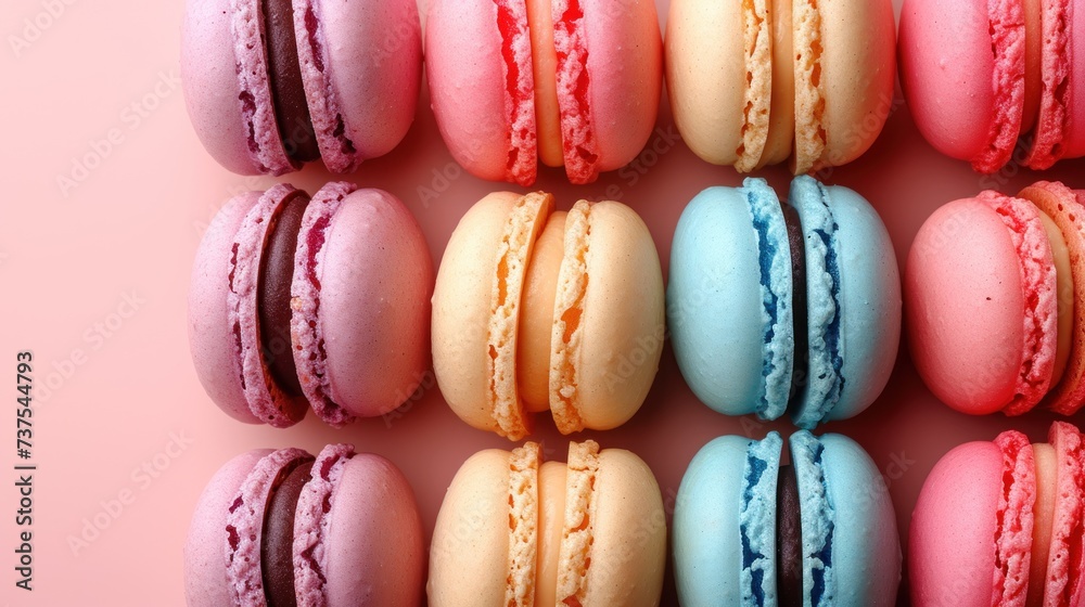 a group of macaroons sitting on top of each other on top of a pink surface with one macaroon in the middle of the macaroons. a group of macaroons sitting on top of each other on top of a pink surface with one macaroon in the middle of the macaroons.