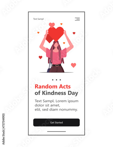 A modern young woman holds a red heart above her head to encourage acts of kindness. Random Acts of Kindness Day is celebrated on February 17th. Web design and mobile template.